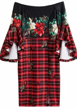 bonprix Bekleidung·Pullover & Strickjacken|Kleider^Carmen-Kleid aus fester Scuba-Qualität mit Weichnachtsmotiv rot/schwarz