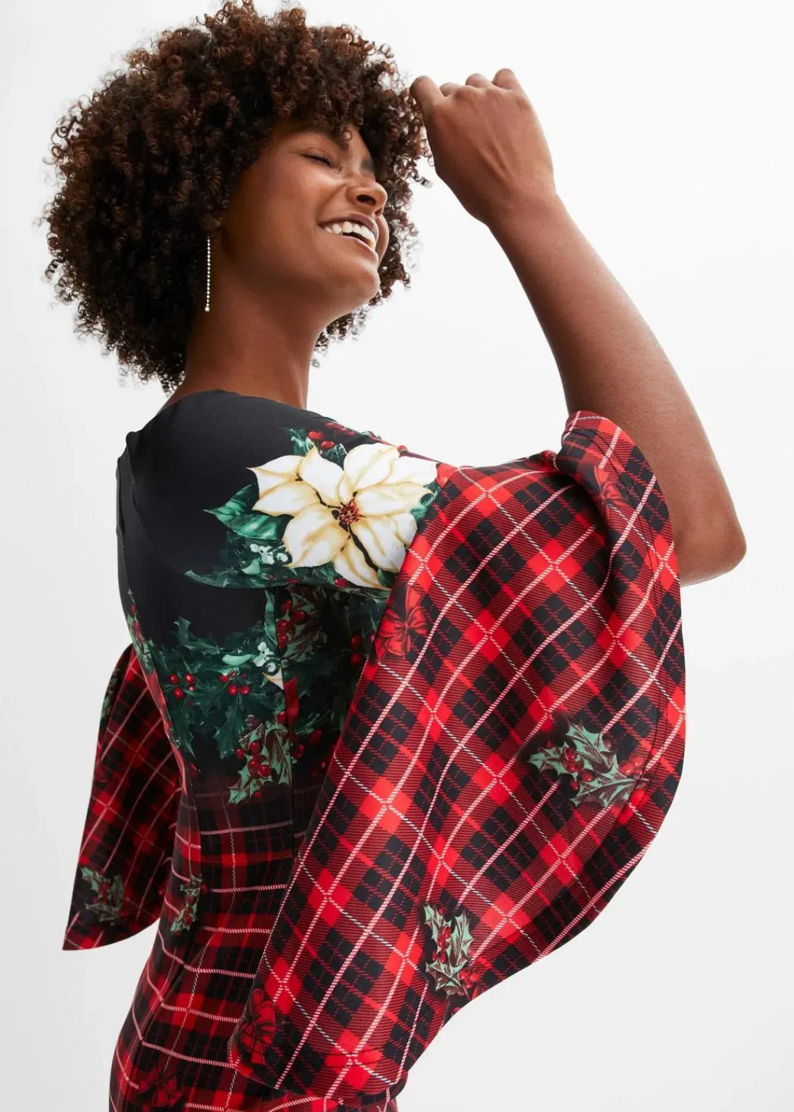 bonprix Bekleidung·Pullover & Strickjacken|Kleider^Carmen-Kleid aus fester Scuba-Qualität mit Weichnachtsmotiv rot/schwarz
