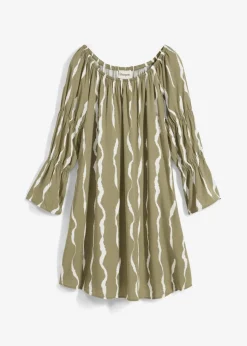 bonprix Bekleidung·Pullover & Strickjacken|Kleider^Carmen-Kleid aus fließender Viskose schlammgrün/weiß bedruckt