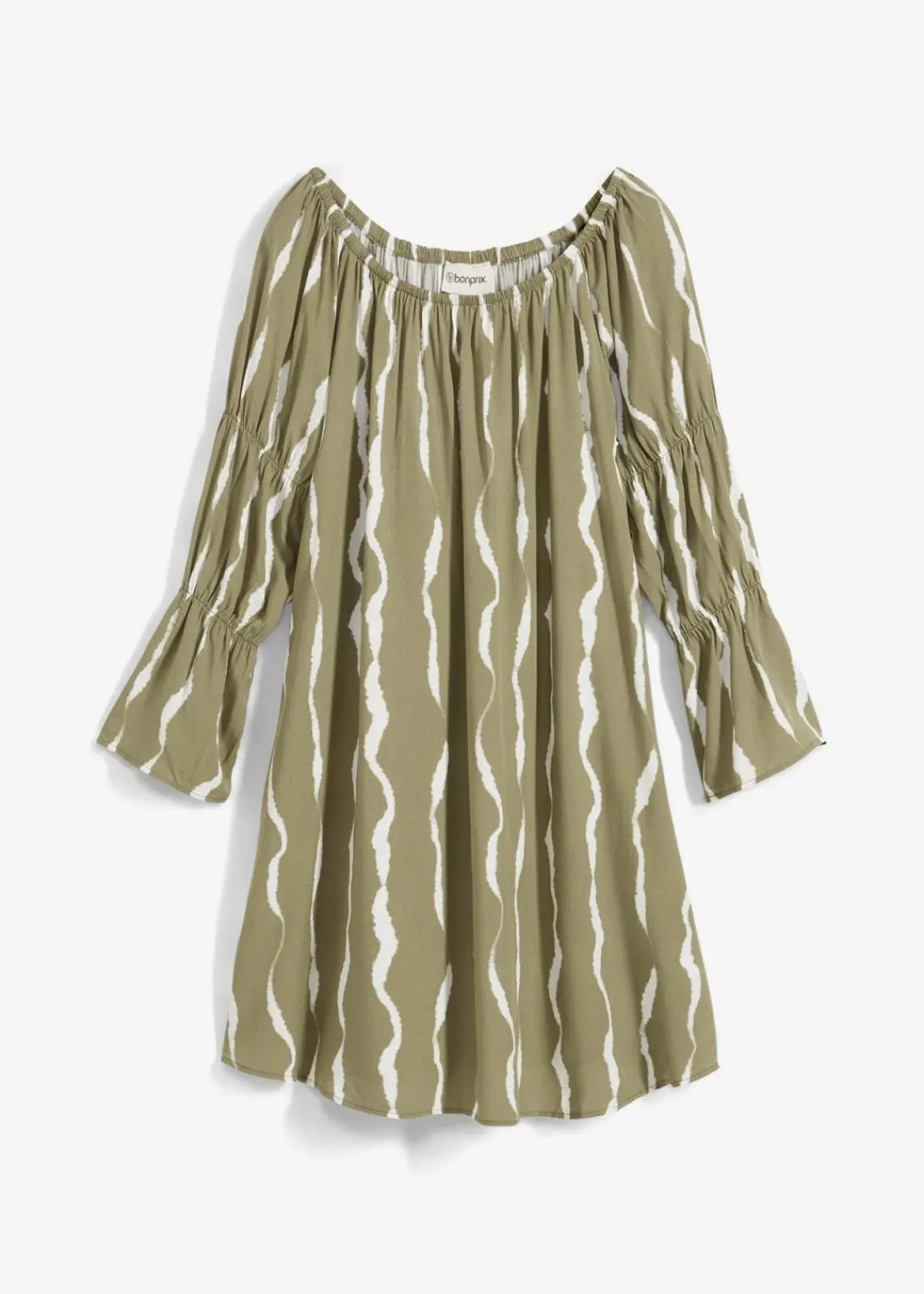 bonprix Bekleidung·Pullover & Strickjacken|Kleider^Carmen-Kleid aus fließender Viskose schlammgrün/weiß bedruckt
