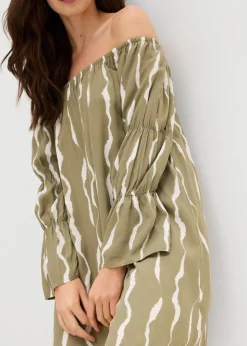 bonprix Bekleidung·Pullover & Strickjacken|Kleider^Carmen-Kleid aus fließender Viskose schlammgrün/weiß bedruckt