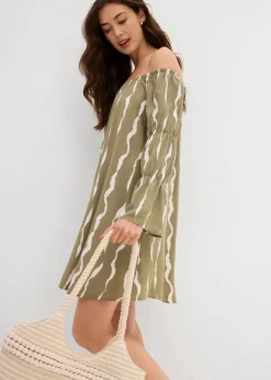 bonprix Bekleidung·Pullover & Strickjacken|Kleider^Carmen-Kleid aus fließender Viskose schlammgrün/weiß bedruckt