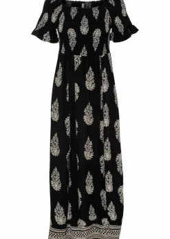 bonprix Bekleidung·Pullover & Strickjacken|Kleider^Carmen-Kleid aus fließender Viskose schwarz/beige graphisch bedruckt
