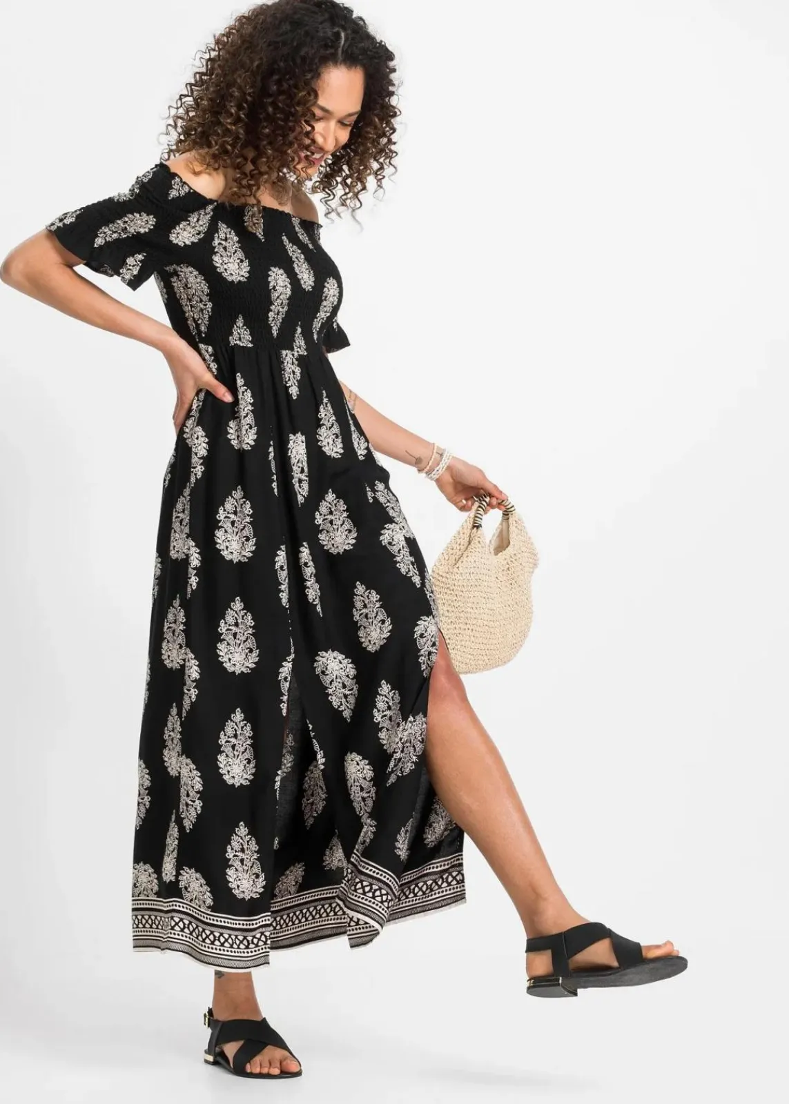 bonprix Bekleidung·Pullover & Strickjacken|Kleider^Carmen-Kleid aus fließender Viskose schwarz/beige graphisch bedruckt