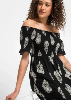 bonprix Bekleidung·Pullover & Strickjacken|Kleider^Carmen-Kleid aus fließender Viskose schwarz/beige graphisch bedruckt