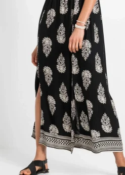 bonprix Bekleidung·Pullover & Strickjacken|Kleider^Carmen-Kleid aus fließender Viskose schwarz/beige graphisch bedruckt