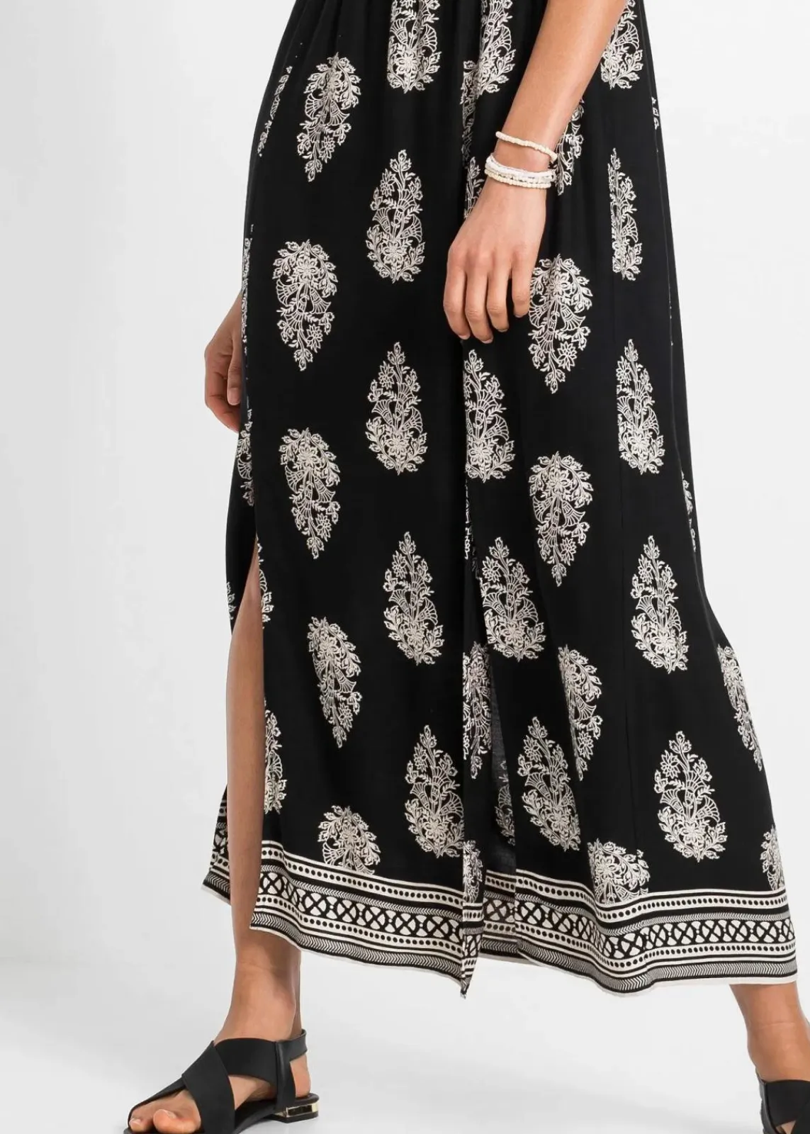 bonprix Bekleidung·Pullover & Strickjacken|Kleider^Carmen-Kleid aus fließender Viskose schwarz/beige graphisch bedruckt