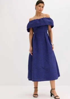 bonprix Festliche Mode|Kleider^Carmen-Kleid aus glänzendem Jacquard mitternachtsblau
