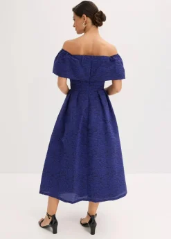 bonprix Festliche Mode|Kleider^Carmen-Kleid aus glänzendem Jacquard mitternachtsblau