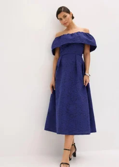 bonprix Festliche Mode|Kleider^Carmen-Kleid aus glänzendem Jacquard mitternachtsblau