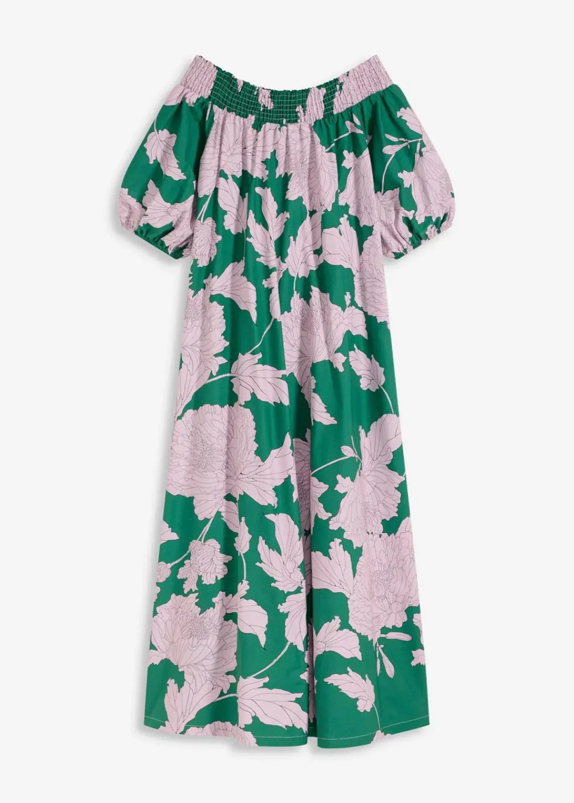 bonprix Bekleidung·Pullover & Strickjacken|Kleider^Carmen-Kleid aus reiner Baumwolle grün/flieder floral