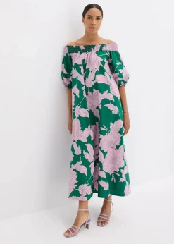 bonprix Bekleidung·Pullover & Strickjacken|Kleider^Carmen-Kleid aus reiner Baumwolle grün/flieder floral
