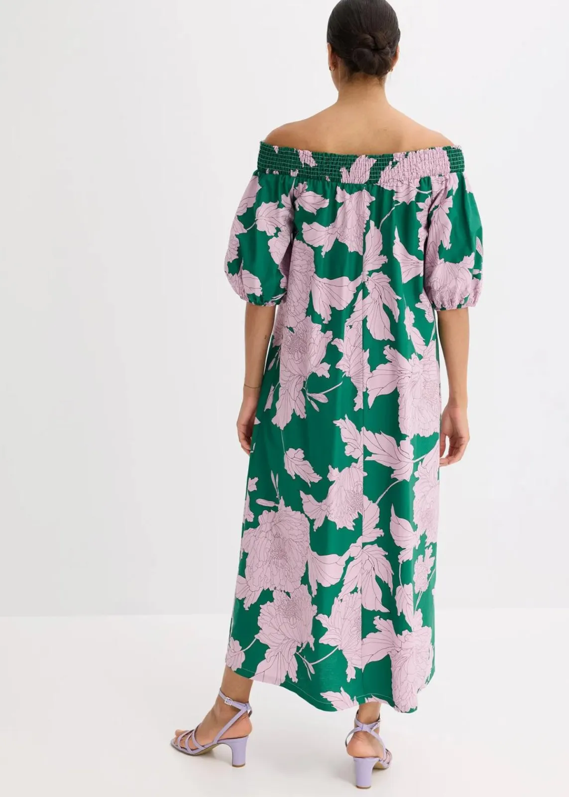 bonprix Bekleidung·Pullover & Strickjacken|Kleider^Carmen-Kleid aus reiner Baumwolle grün/flieder floral