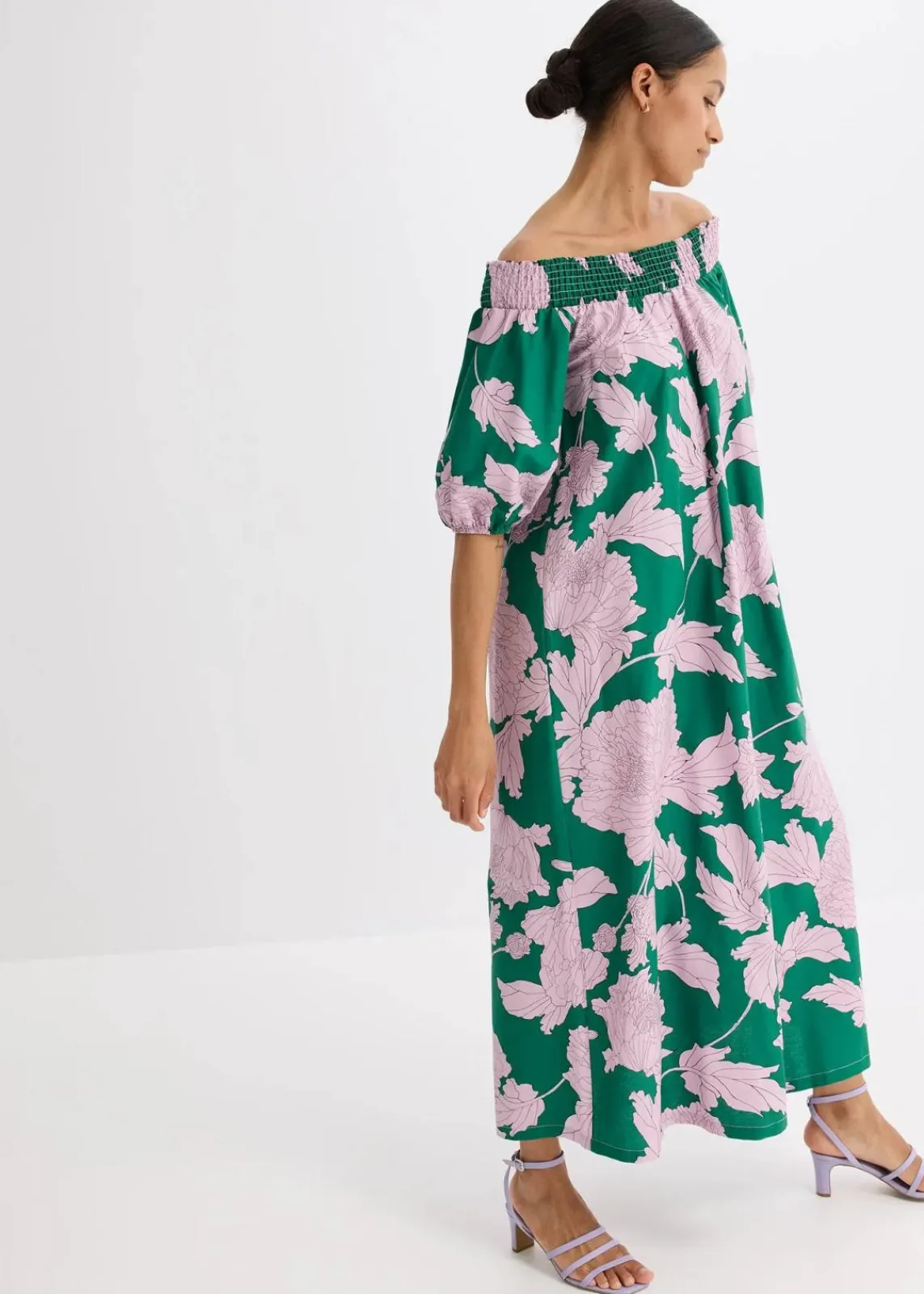 bonprix Bekleidung·Pullover & Strickjacken|Kleider^Carmen-Kleid aus reiner Baumwolle grün/flieder floral