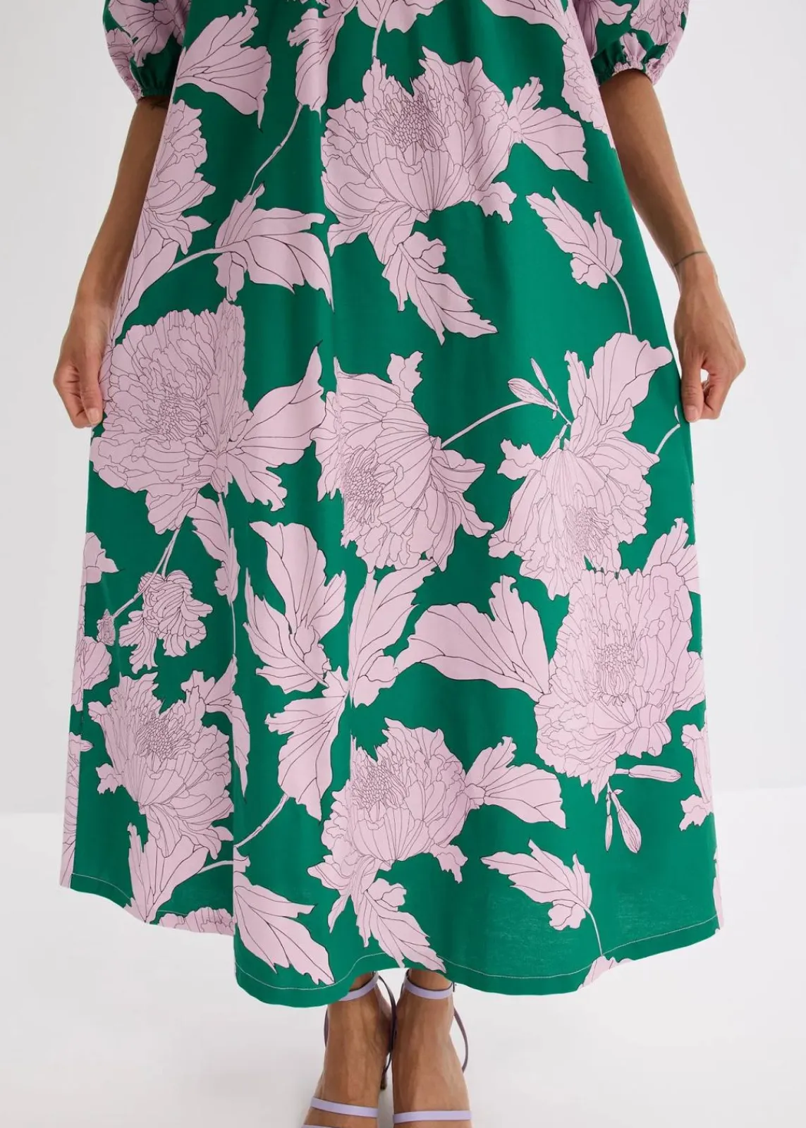 bonprix Bekleidung·Pullover & Strickjacken|Kleider^Carmen-Kleid aus reiner Baumwolle grün/flieder floral