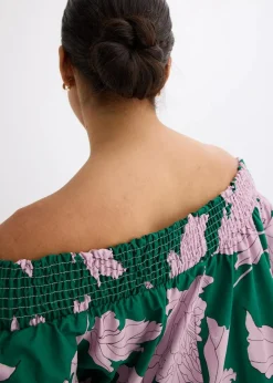 bonprix Bekleidung·Pullover & Strickjacken|Kleider^Carmen-Kleid aus reiner Baumwolle grün/flieder floral