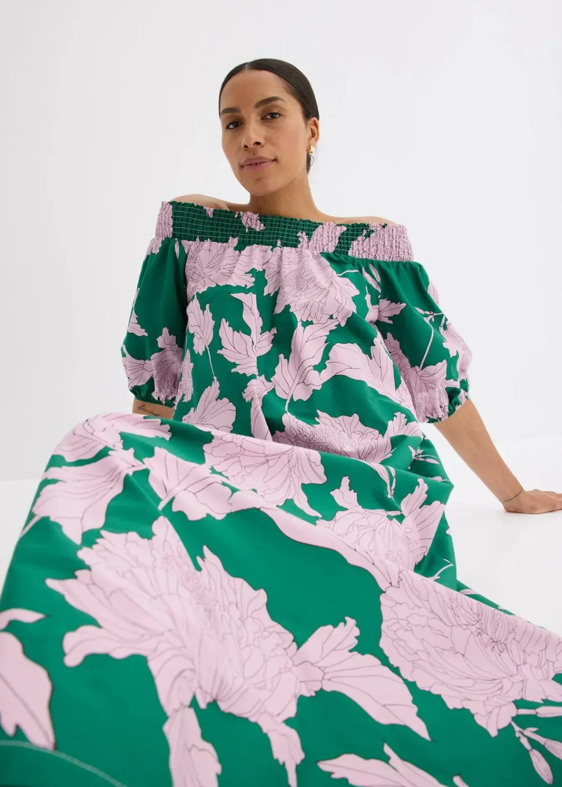 bonprix Bekleidung·Pullover & Strickjacken|Kleider^Carmen-Kleid aus reiner Baumwolle grün/flieder floral