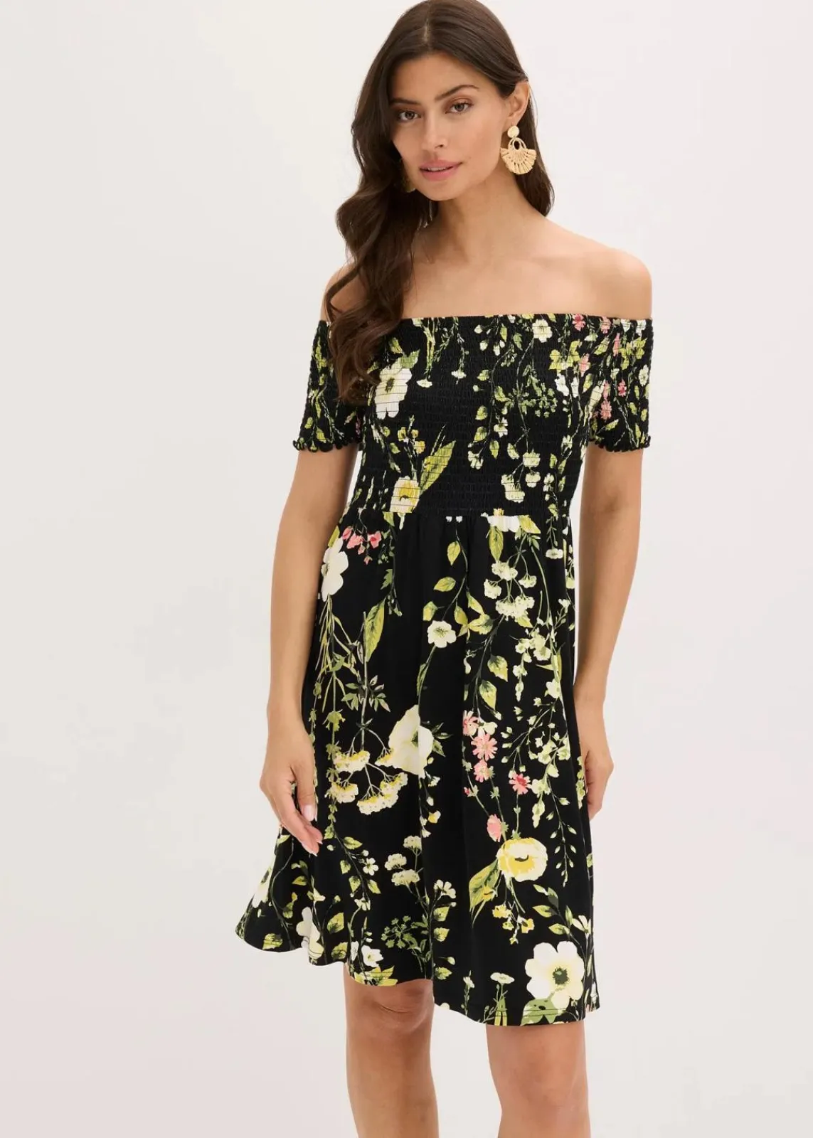 bonprix Bekleidung·Pullover & Strickjacken|Kleider^Carmen-Kleid aus softem Viskose-Mix schwarz floral