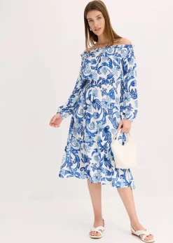 bonprix Bekleidung·Pullover & Strickjacken|Kleider^Carmen-Kleid aus strukturierter Viskose weiß/gletscherblau bedruckt