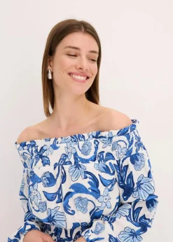 bonprix Bekleidung·Pullover & Strickjacken|Kleider^Carmen-Kleid aus strukturierter Viskose weiß/gletscherblau bedruckt