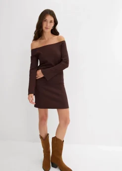 bonprix Kleider|Nachhaltigere Materialien^Carmen-Kleid aus strukturiertem Crêpe dunkelbraun