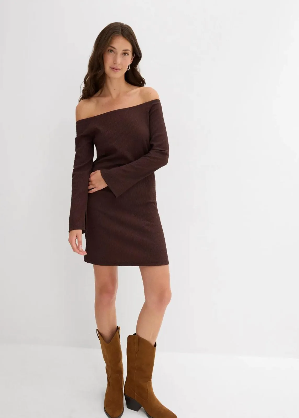 bonprix Kleider|Nachhaltigere Materialien^Carmen-Kleid aus strukturiertem Crêpe dunkelbraun