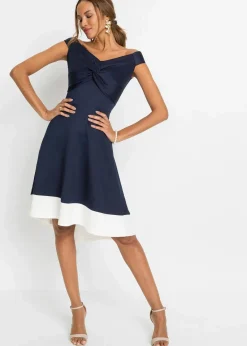 bonprix Bekleidung·Pullover & Strickjacken|Festliche Mode^Carmen-Kleid mit Knotendetail dunkelblau / weiss