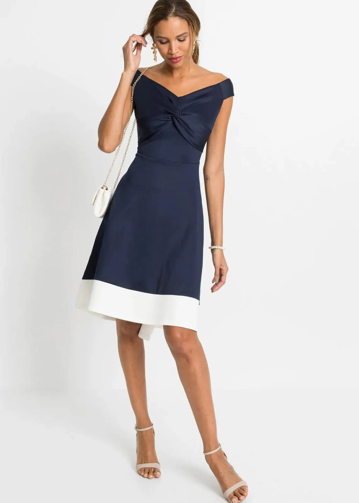 bonprix Bekleidung·Pullover & Strickjacken|Festliche Mode^Carmen-Kleid mit Knotendetail dunkelblau / weiss