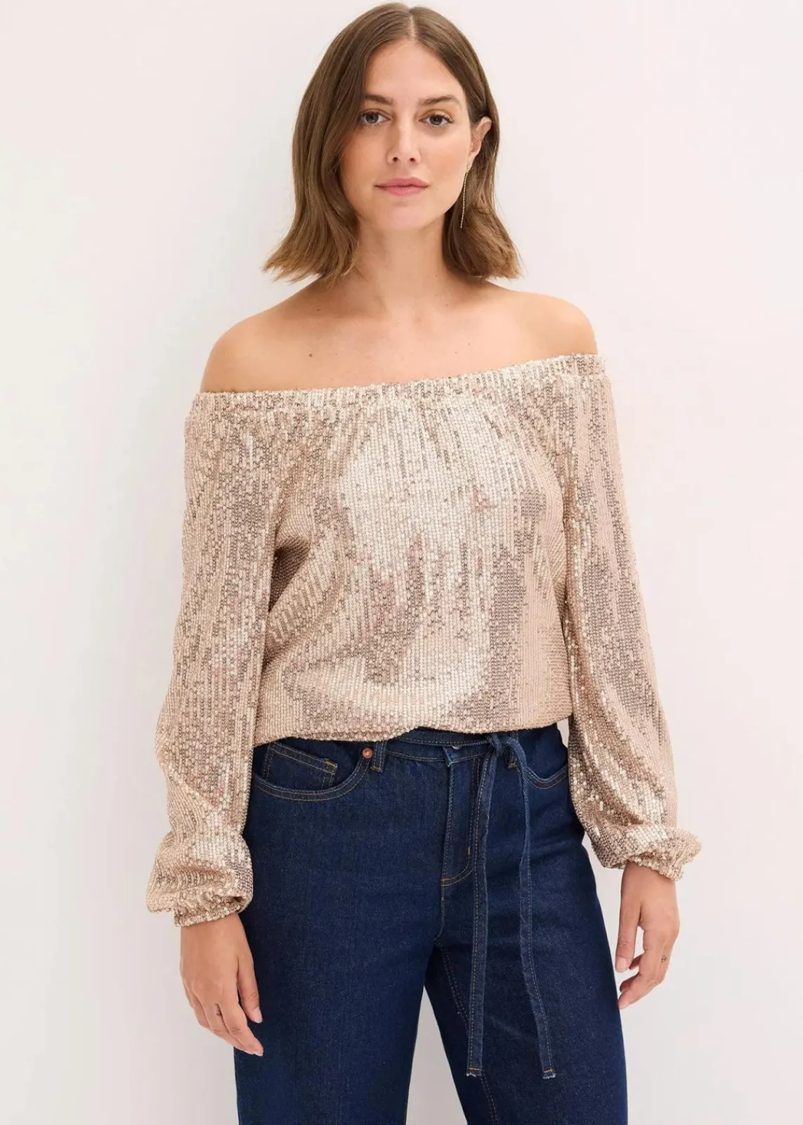 bonprix Shirts & Tops^Carmenshirt, Oversized mit Pailletten naturstein/silber