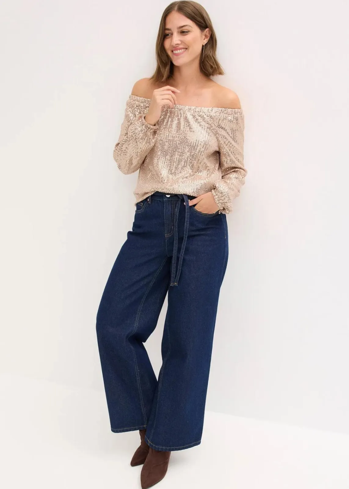 bonprix Shirts & Tops^Carmenshirt, Oversized mit Pailletten naturstein/silber