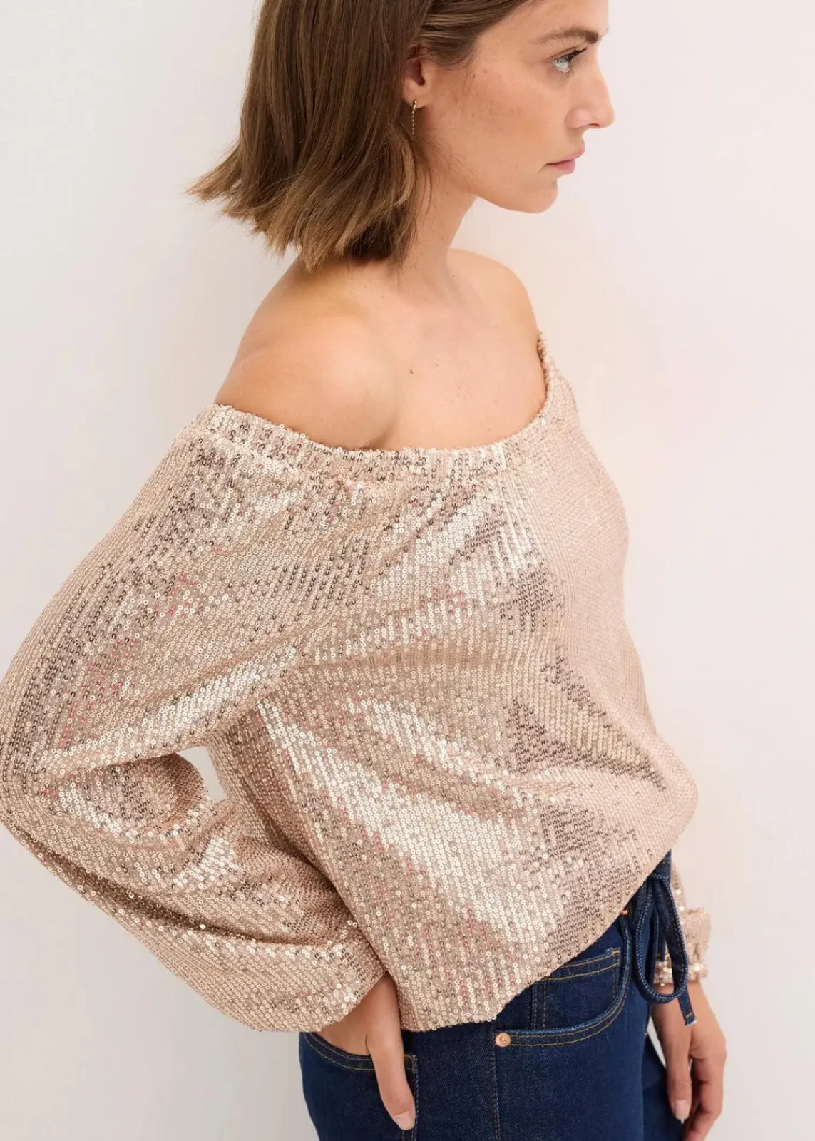 bonprix Shirts & Tops^Carmenshirt, Oversized mit Pailletten naturstein/silber