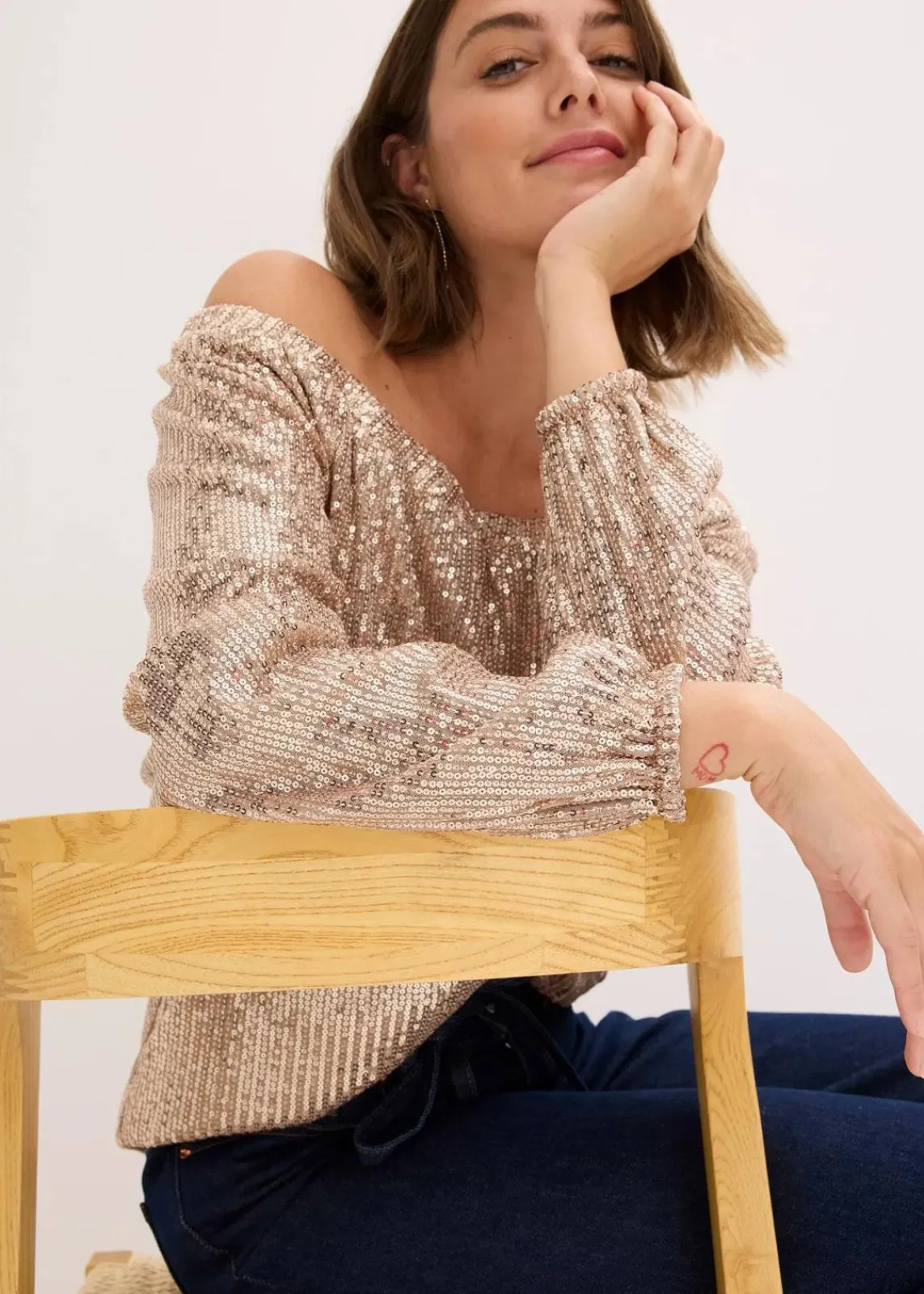 bonprix Shirts & Tops^Carmenshirt, Oversized mit Pailletten naturstein/silber