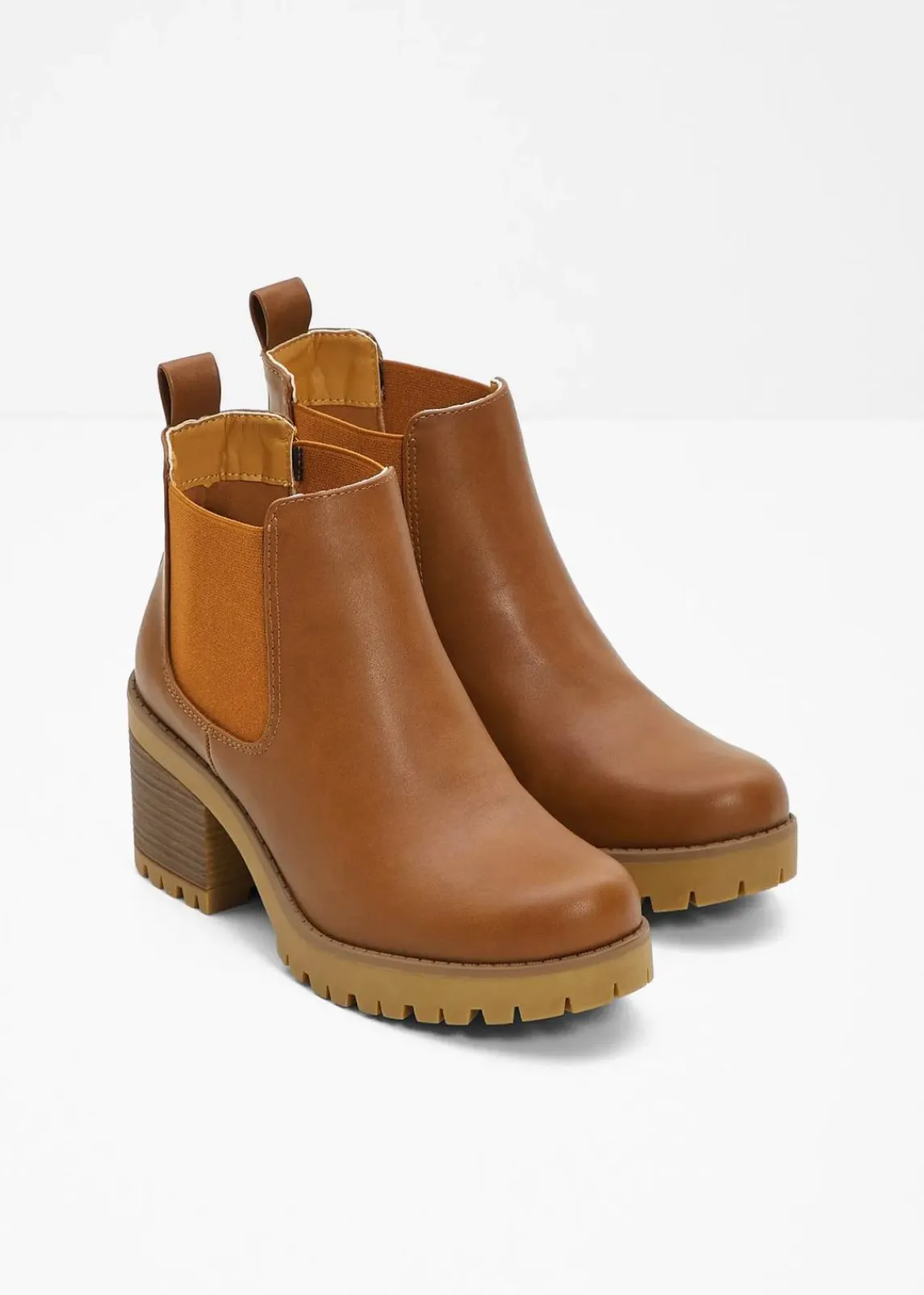 bonprix Schuhe & Accessoires In Spezialgrößen·Schuhe In Übergröße|Schuhe & Accessoires In Spezialgrößen·Elastischer Schaft^Chelsea-Boots mit Blockabsatz cognac