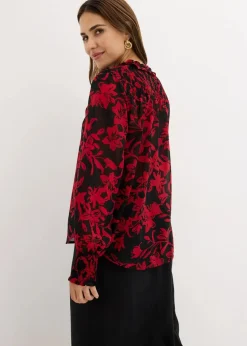 bonprix Nachhaltigere Materialien|Blusen & Tuniken^Chiffon Bluse mit Smok-Details schwarz/rot bedruckt