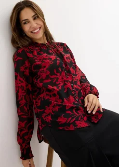 bonprix Nachhaltigere Materialien|Blusen & Tuniken^Chiffon Bluse mit Smok-Details schwarz/rot bedruckt