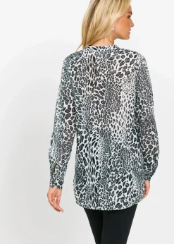 bonprix Bekleidung·Jacken & Mäntel|Blusen & Tuniken^Chiffon Longbluse schwarz/wollweiß bedruckt