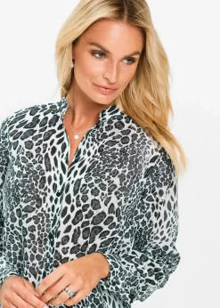 bonprix Bekleidung·Jacken & Mäntel|Blusen & Tuniken^Chiffon Longbluse schwarz/wollweiß bedruckt