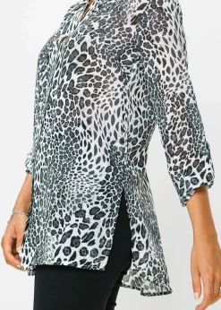 bonprix Bekleidung·Jacken & Mäntel|Blusen & Tuniken^Chiffon Longbluse schwarz/wollweiß bedruckt