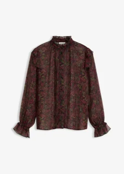 bonprix Bekleidung·Jacken & Mäntel|Blusen & Tuniken^Chiffonbluse schwarz/dunkeloliv/rhododendronrot/weinrot paisley