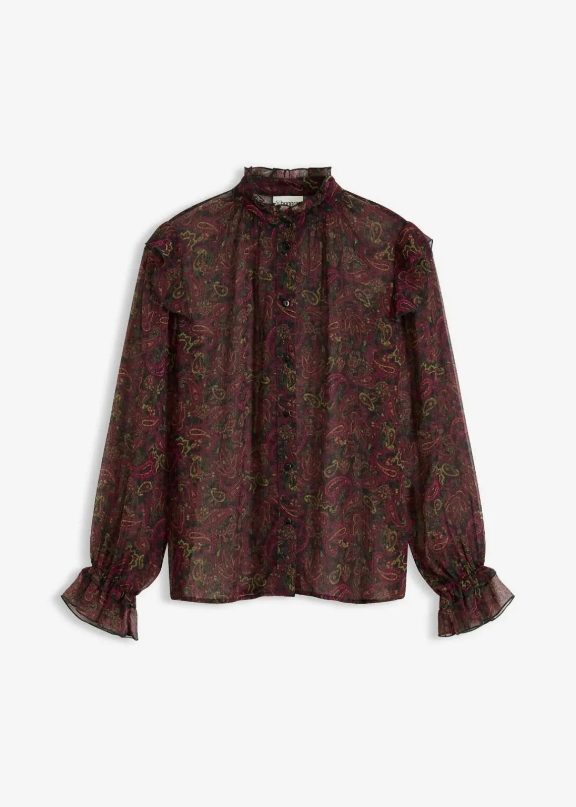 bonprix Bekleidung·Jacken & Mäntel|Blusen & Tuniken^Chiffonbluse schwarz/dunkeloliv/rhododendronrot/weinrot paisley
