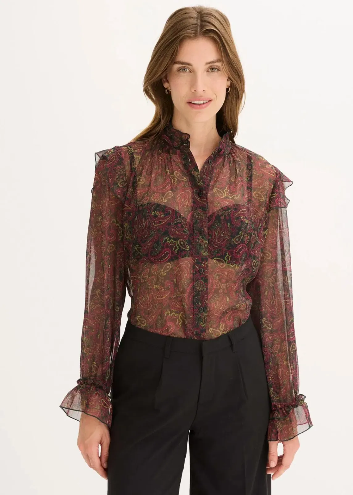 bonprix Bekleidung·Jacken & Mäntel|Blusen & Tuniken^Chiffonbluse schwarz/dunkeloliv/rhododendronrot/weinrot paisley