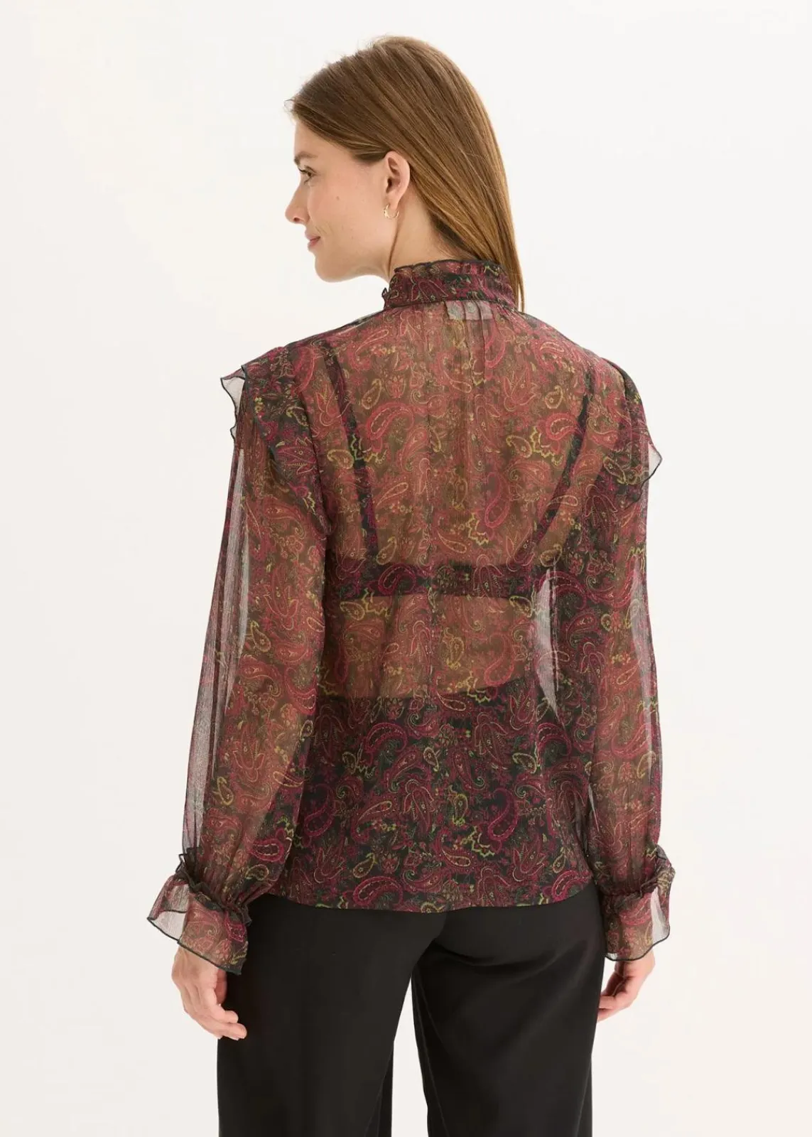 bonprix Bekleidung·Jacken & Mäntel|Blusen & Tuniken^Chiffonbluse schwarz/dunkeloliv/rhododendronrot/weinrot paisley