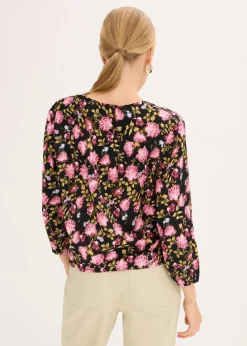 bonprix Blusen & Tuniken^Chiffon-Bluse mit Raffung am Saum schwarz geblümt
