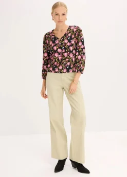 bonprix Blusen & Tuniken^Chiffon-Bluse mit Raffung am Saum schwarz geblümt