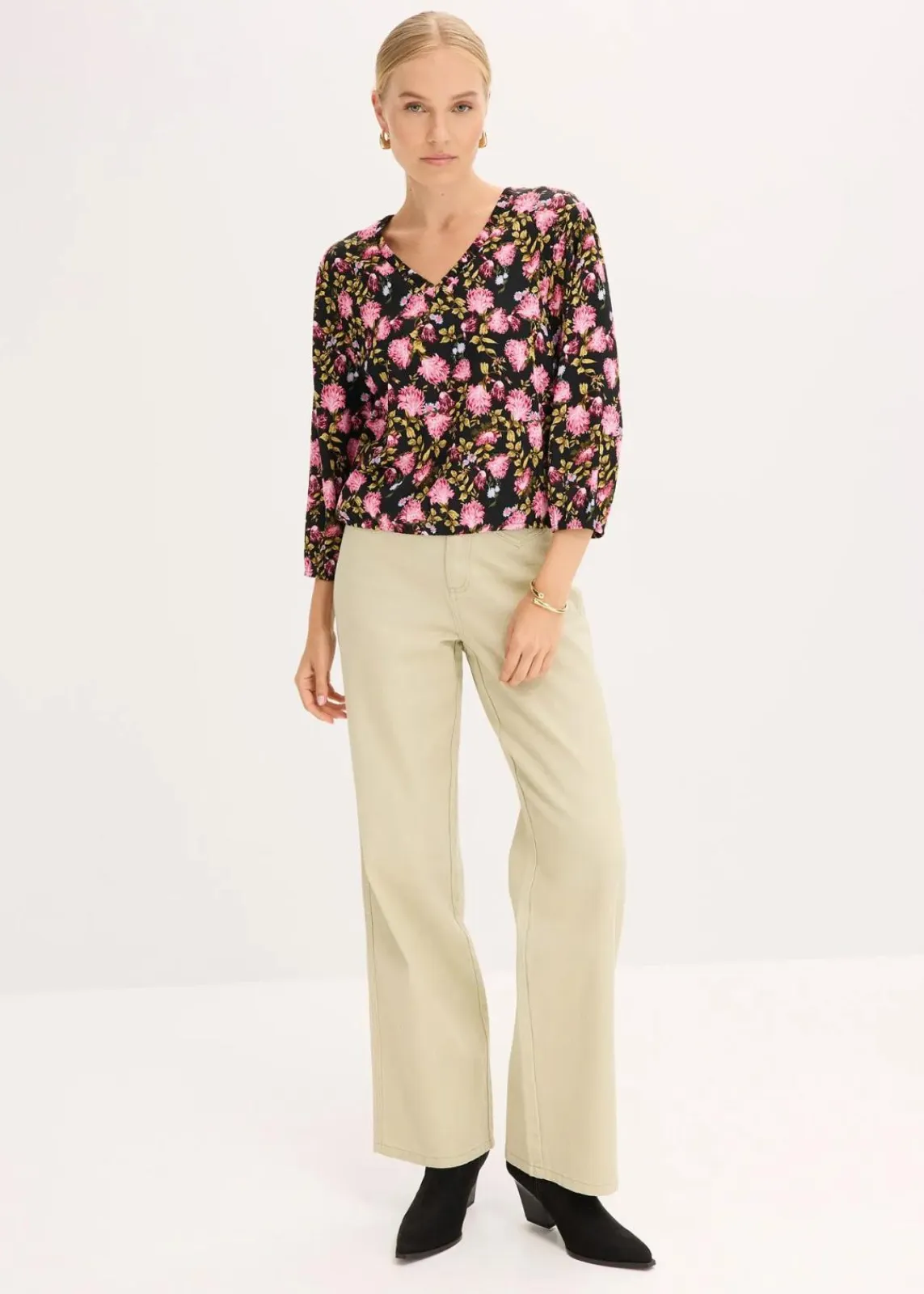 bonprix Blusen & Tuniken^Chiffon-Bluse mit Raffung am Saum schwarz geblümt