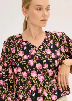 bonprix Blusen & Tuniken^Chiffon-Bluse mit Raffung am Saum schwarz geblümt