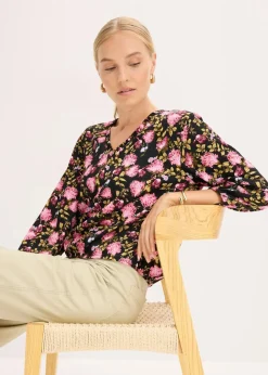 bonprix Blusen & Tuniken^Chiffon-Bluse mit Raffung am Saum schwarz geblümt