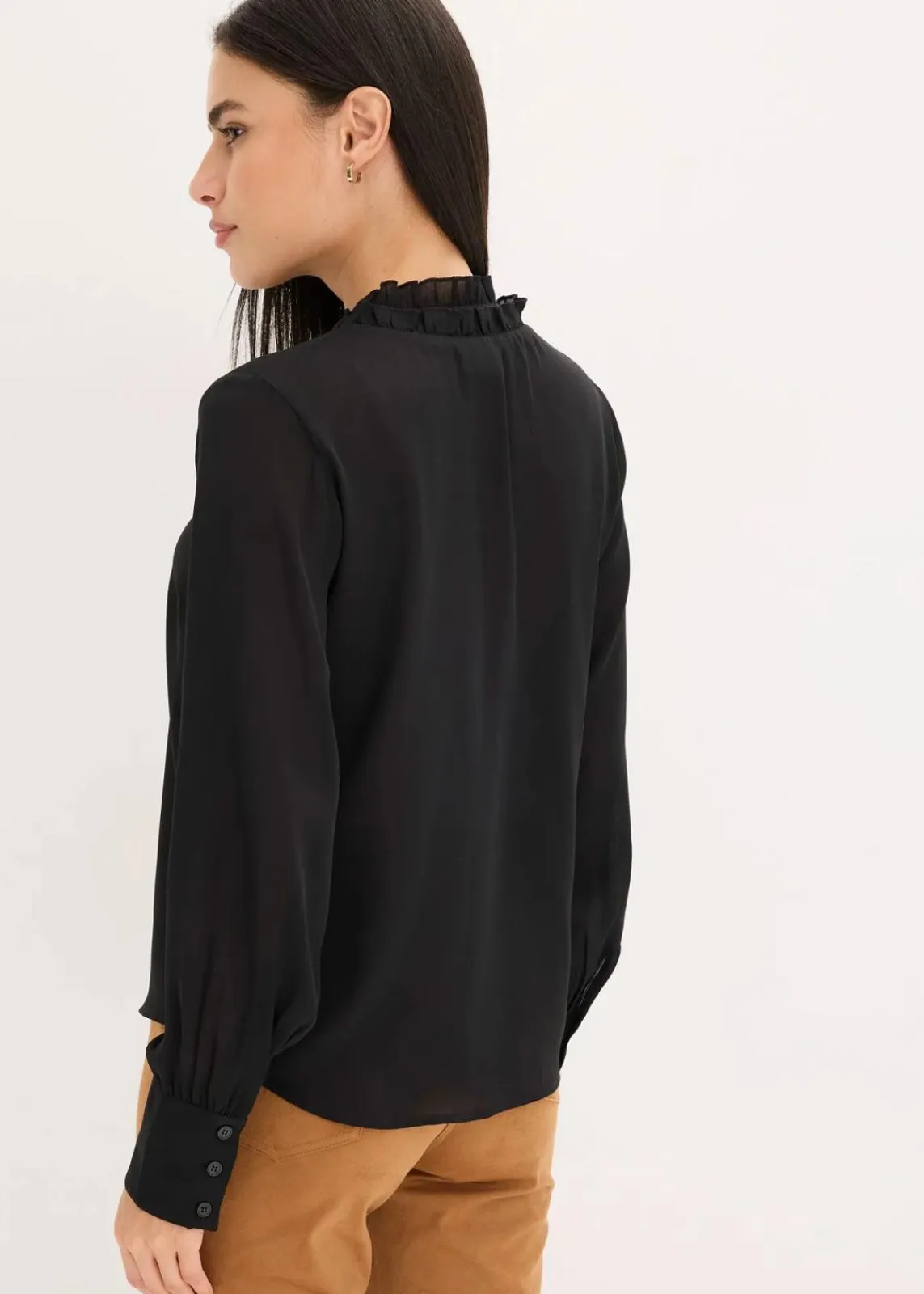 bonprix Bekleidung·Jacken & Mäntel|Blusen & Tuniken^Chiffonbluse mit Rüschen schwarz
