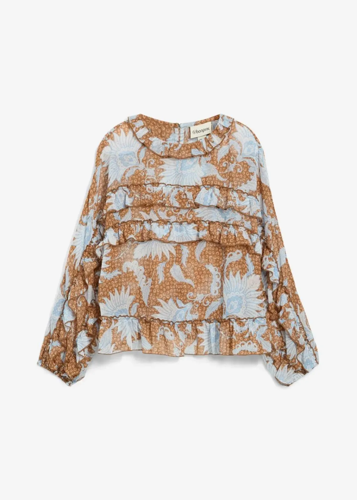 bonprix Bekleidung·Jacken & Mäntel|Blusen & Tuniken^Chiffonbluse mit Rüschen gewürzbraun/wollweiß bedruckt