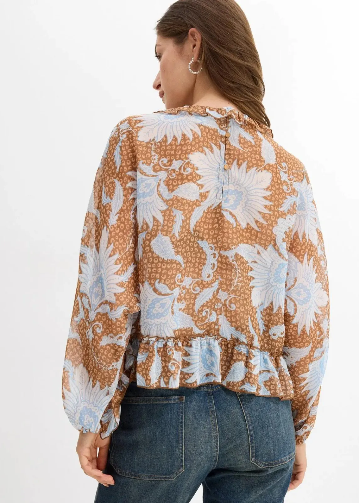 bonprix Bekleidung·Jacken & Mäntel|Blusen & Tuniken^Chiffonbluse mit Rüschen gewürzbraun/wollweiß bedruckt